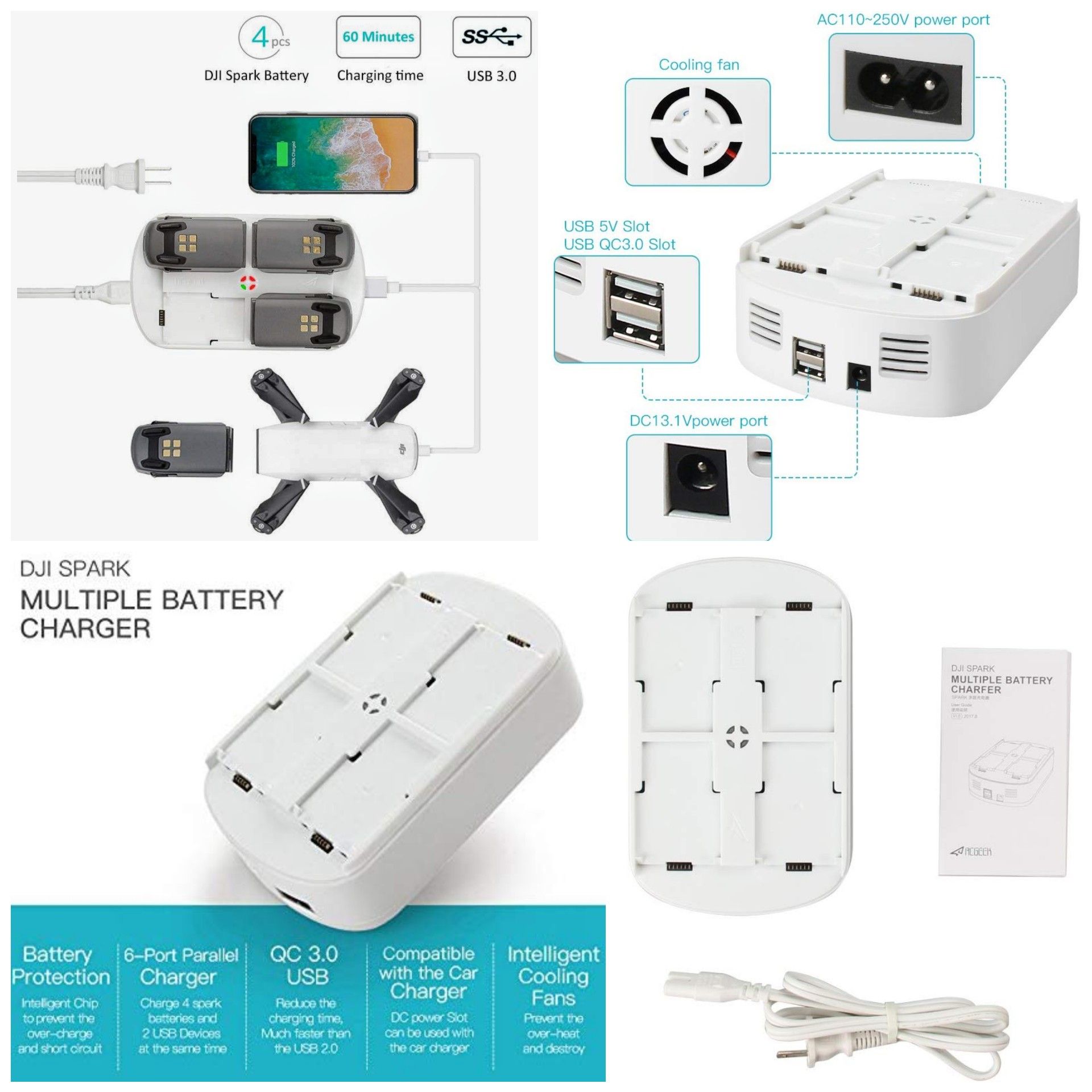 DJI Spark Battery Charging Hub by RCGEEK, 6 in 1 Multi Battery Charger