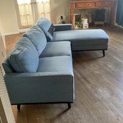 Blue Chelsea Mid Century Modern 2pc 90” Sectional Sofa with Right Chaise by Noble House