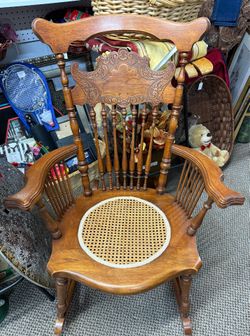Antique Oak Solid Wood Rocking Chair Cane Seat MCM