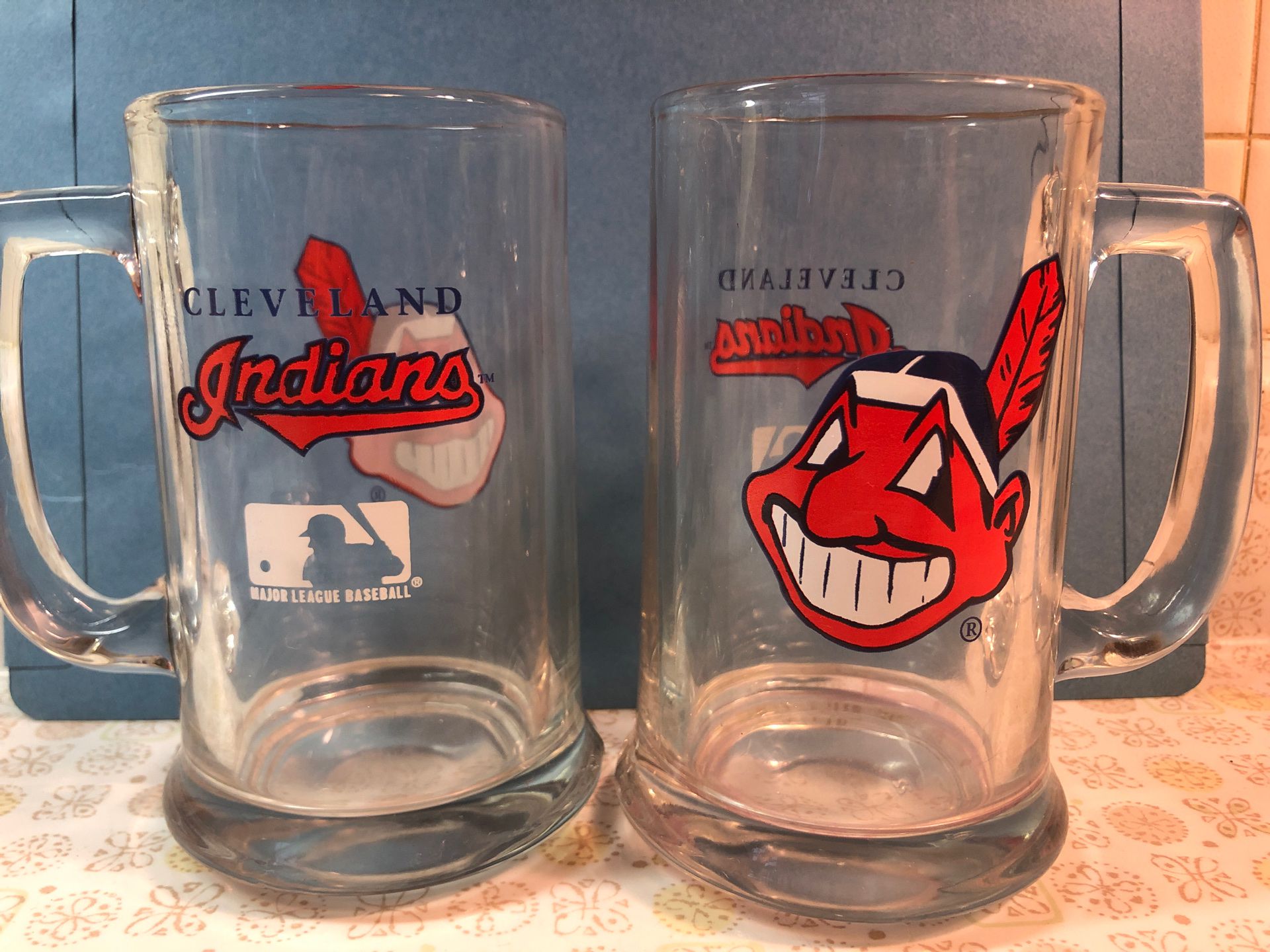 2 Vintage Cleveland Indians glass beer mugs