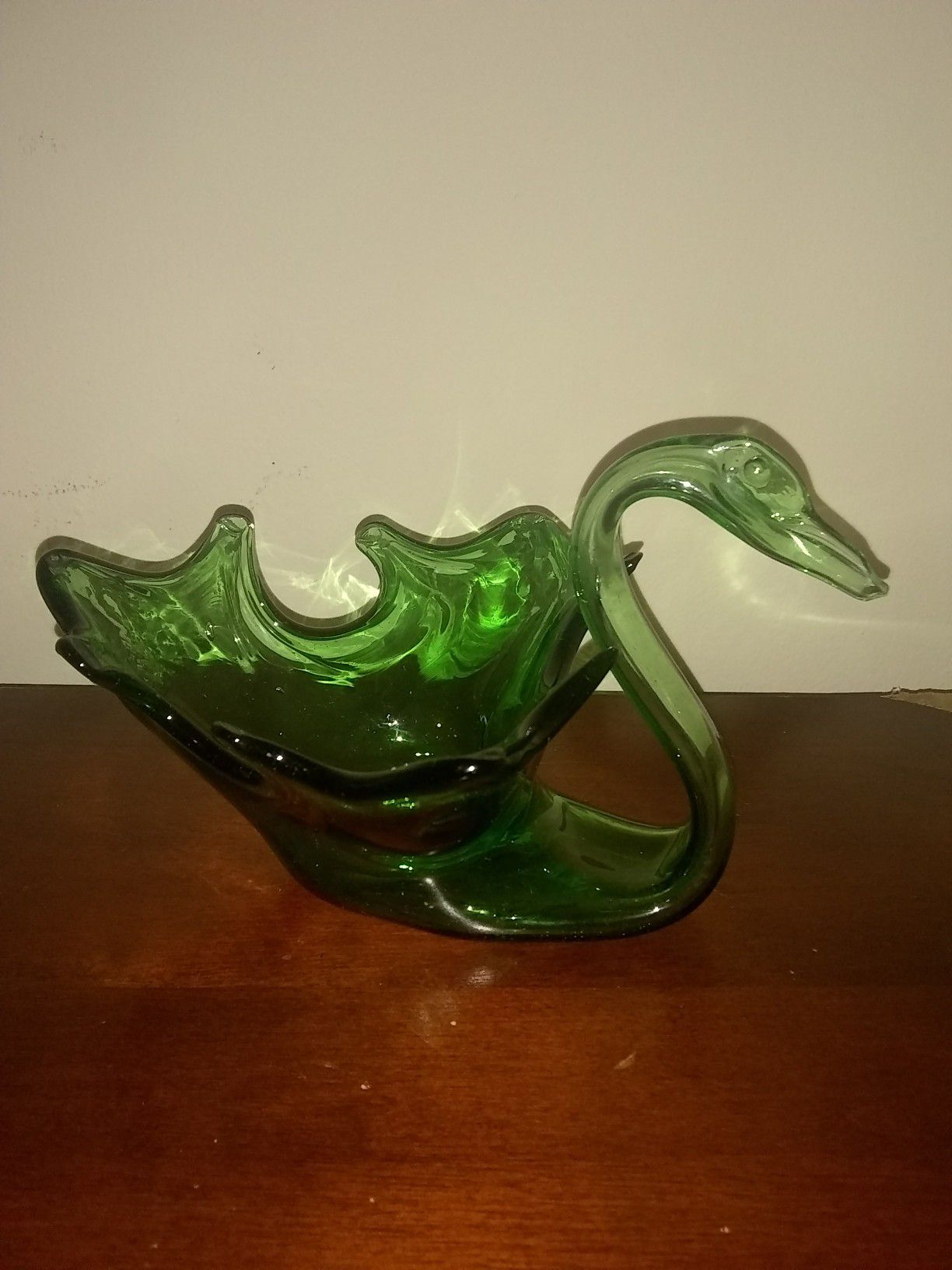 Vintage Hand Blown Green Glass Swan