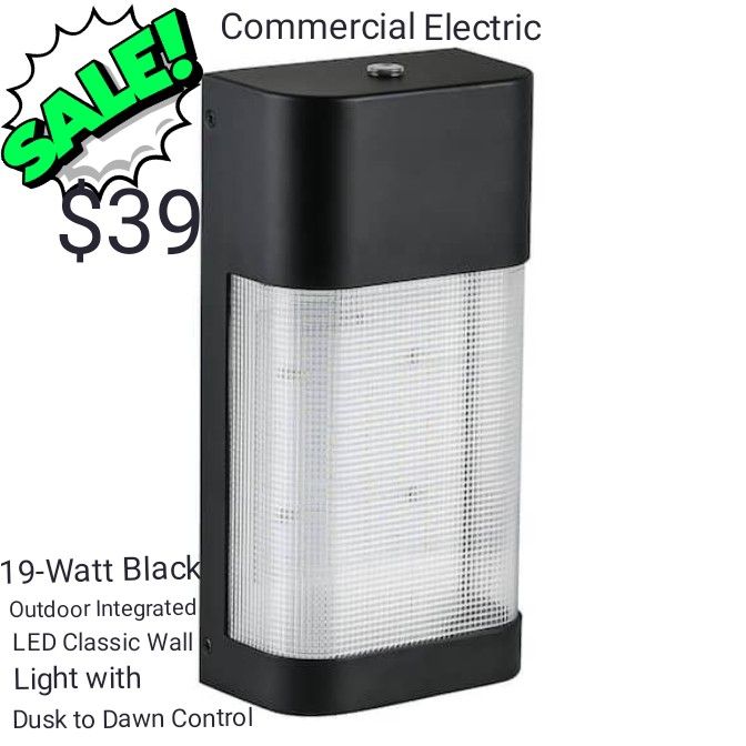 Commercial Electric
19-Watt Black Outdoor Integrated LED Classic Wall Pack Light with Dusk to Dawn Control