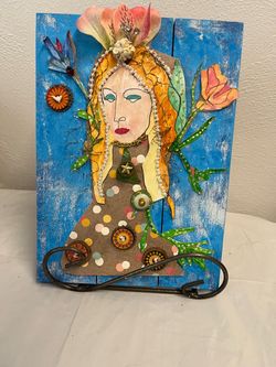 Mixed Media Folk Art Woman on Wood Panel