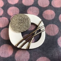 Modern Brooch in Silver/White Ceramic Tones, 2” diameter