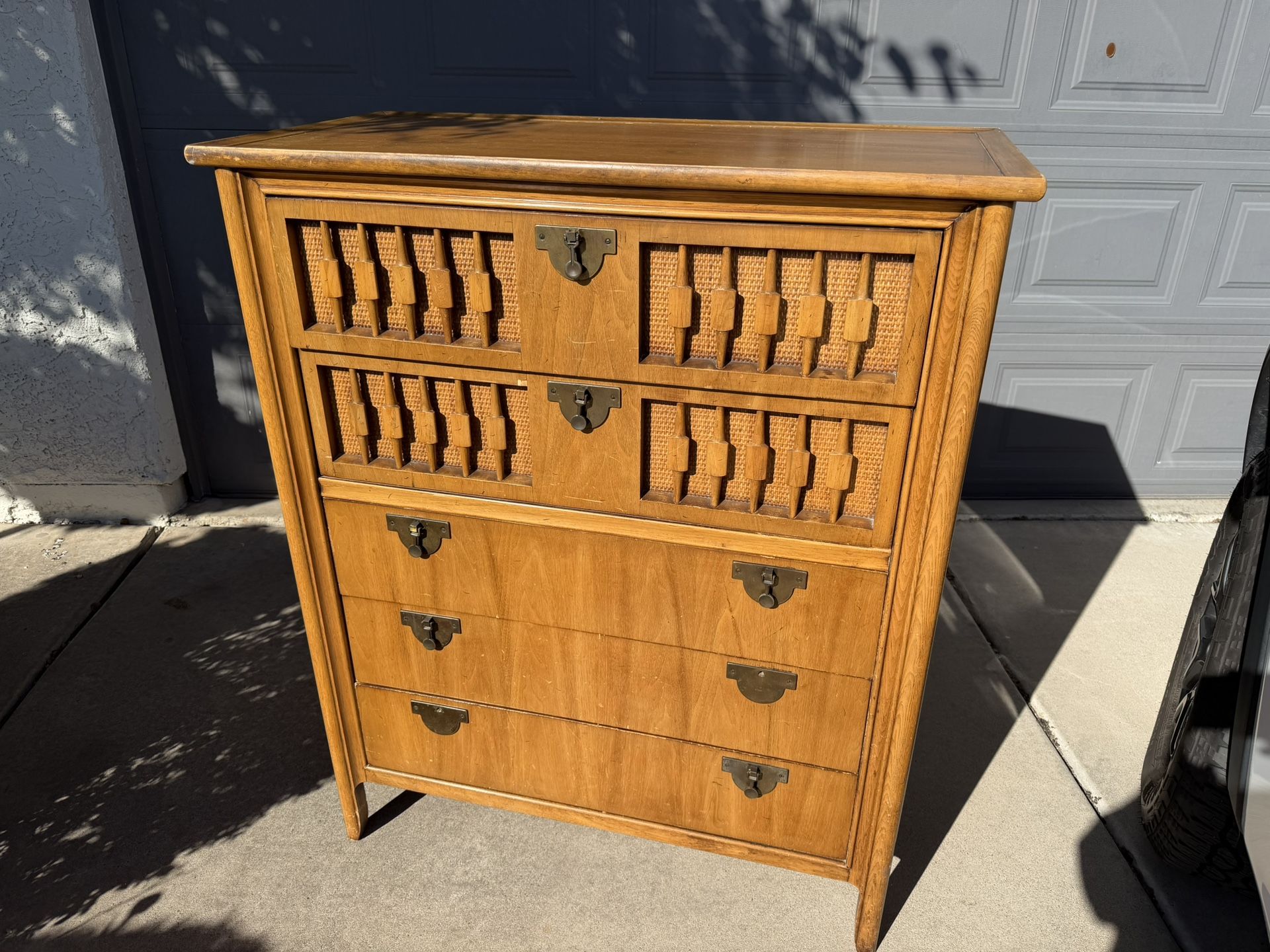 Boho Wood Dresser MCM 1960s Rattan Panels Vintage 📍Chandler