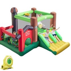 GLACER Inflatable Bounce, 6-in-1 Bouncer Castle w/Double Slides, Jump Area, Ocean Balls, Basketball Rim, Trampoline, Pitching Game, Ball Blowing for K