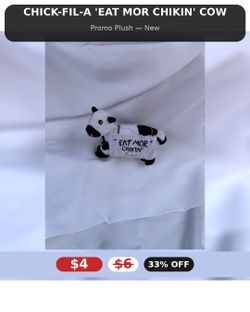 Chick-fil-A Eat Mor Chikin Cow Plush — Promo, New