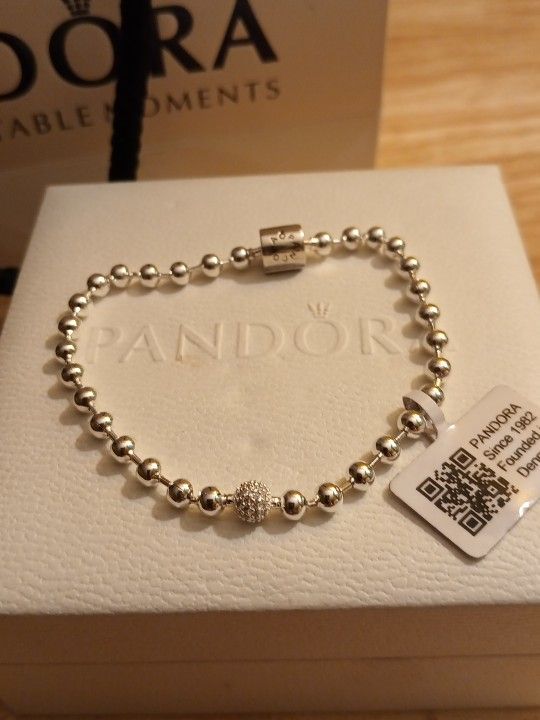 Pandora Authentic Brand New Sterling Silver Sparkling 7.5 Beads And Pave Signature Clasp Bracelet 2 Available