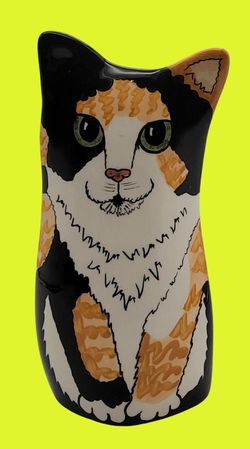 Like NEW Vtg 2001 CATS BY NINA Handpainted Calico Tabby 8" Vase Planter 