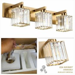 0763: (E3) Bathroom Vanity Light Fixtures Crystal Vanity Lighting Fixtures Brass 3 Light Bathroom Lighting (Exclude Bulb) Golden