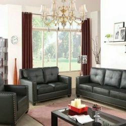 Brand New Black Leather Sofa Loveseat & Chair With A Nail Head Trim