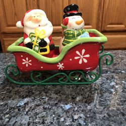 Christmas Sleigh With Santa And Snowman Salt And Pepper Shakers .  Brand New Never Used .  