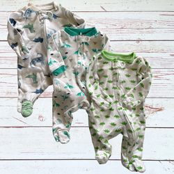 Newborn Baby White Dinosaur Printed Footie Pajamas 3 pc. Bundle