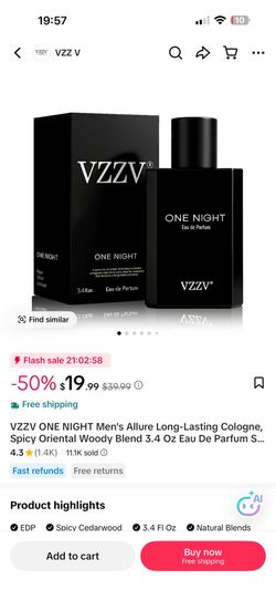 New VZZV ONE NIGHT Men's Allure Long-Lasting Cologne, Spicy Oriental Woody Blend 3.4 Oz Eau