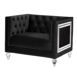 Black Velvet Chair Mirror Trim Accent Button Tufted Acrylic Legs Brand New In Box Firm Price $660