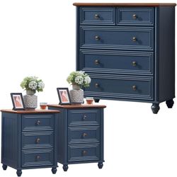 Farmhouse Dressers and Night Stand Set of 3, Wood 35.5'' Tall Dresser and 18'' Wide Chest of Drawers, Roman Column Nightstand Set of 2, Bedroom Furnit