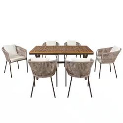 7-Piece Outdoor Dining Set with Rope Woven Chairs and Wood Top Table