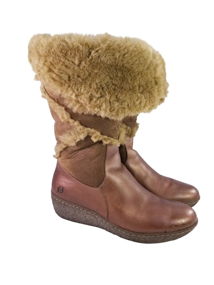 BORN SHEARLING BROWN LEATHER PLATFORM WEDGES WOMAN BOOTS SIZE 9/40