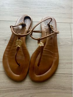 Tory Burch Emmy Flat Sandals, size 7, brown leather strap and a gold-toned logo medallion