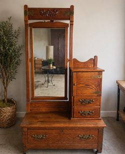 Early 1900s Solid Oak Vanity w/ Mirror – Antique Dressing Chest, Original Hardware