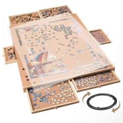 Funbelievable 1500 Piece Rotating Wooden Puzzle Board (Fits Puzzles Up to 35" x 26") with 6 Storage Drawers & Protective Cover – Jigsaw Puzzle Table f