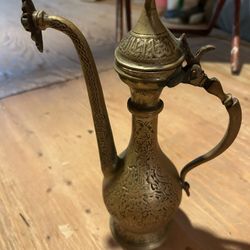 Dallah Arabic Brass Coffee Rare Old Vintage Antique Turkish Copper Etched