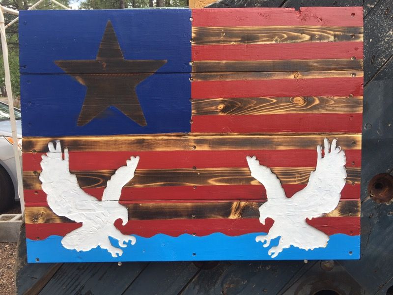 Handmade Wood Pallet Project USA Flag and 2 Bald Eagles
