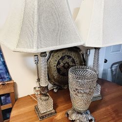 Vintage Crystal Side Table Lamps And Vase 