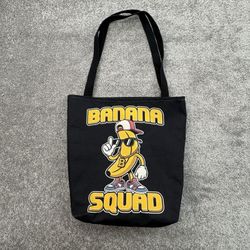 Banana Squad Tote Bag Black Canvas Cartoon Banana Hat Sunglasses Chain Graphic