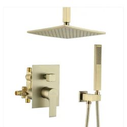 Luxury Concealed Shower System Dual Head Ceiling Mount 1 Spray Pattern 10 In Head Anti Scalding Valve In Brushed Gold