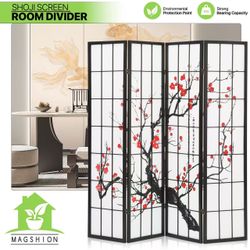 Black Japanese 4-Panel Screen Room Divider 5.7ft Plum Blossom Folding Temporary Wall, Portable Divider Freestanding Privacy Partition Screen for Rooms