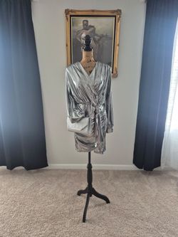Silver Metallic Long Sleeve Mini Wrap Dress