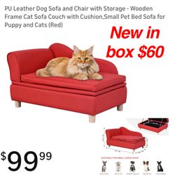 New in Box PU Leather Dog Sofa and Chair with Storage - Wooden Frame Cat Sofa Couch with Cushion,Small Pet Bed Sofa for Puppy and Cats (Red) 🚨$60 fir