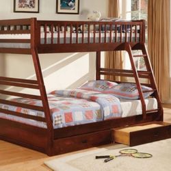 Brand New Cherry Wood Twin Over Full Bunk Bed With Trundle Drawers 