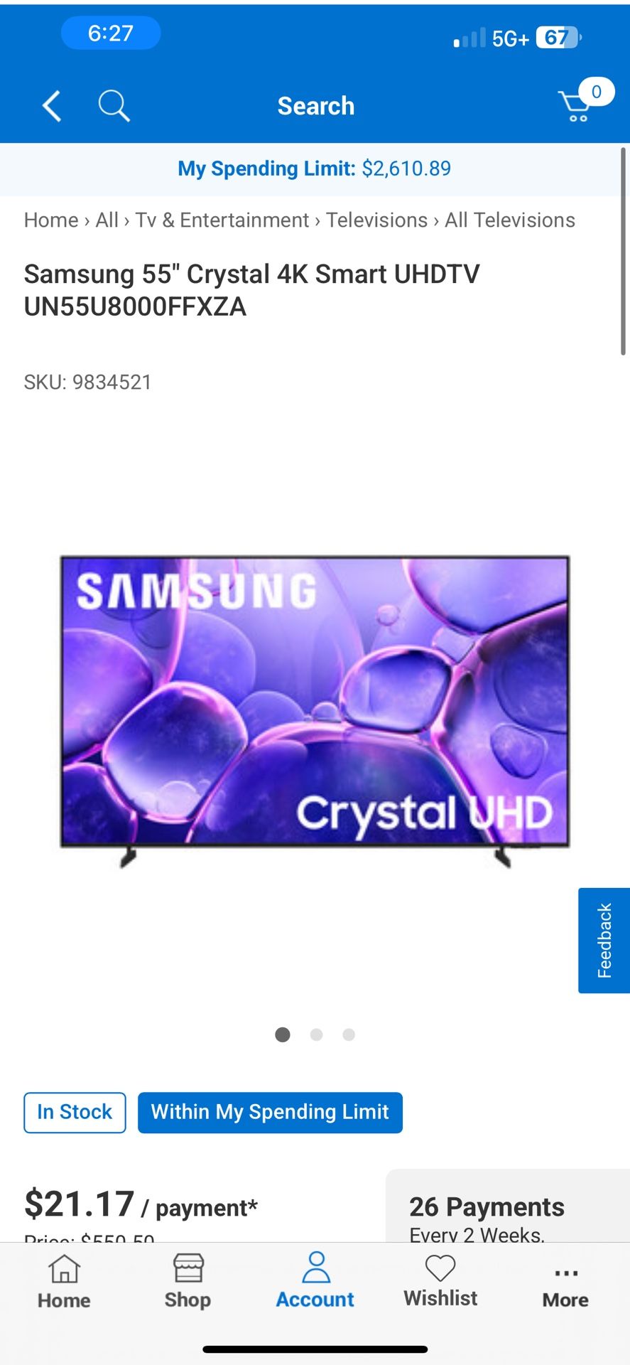 55” Samsung Crystal UHD 4K TV