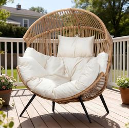 Oversized Outdoor Wicker Egg Chair, Patio Lounge Chair Basket Seat with Thick Cushion