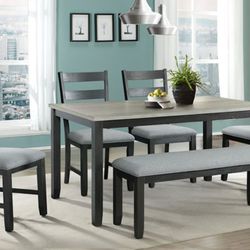 6pc Set: Black & Gray Dining Table, 4 Side Chairs & Bench NEW IN BOX