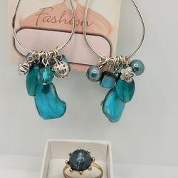 VINTAGE SET OFF GREEN , EARRINGS 3.5", RING 7.5
