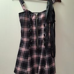 Vintage Plaid Print Mini Dress Lace Up Dress O Ring Half Zipper Strap Sleeveless
