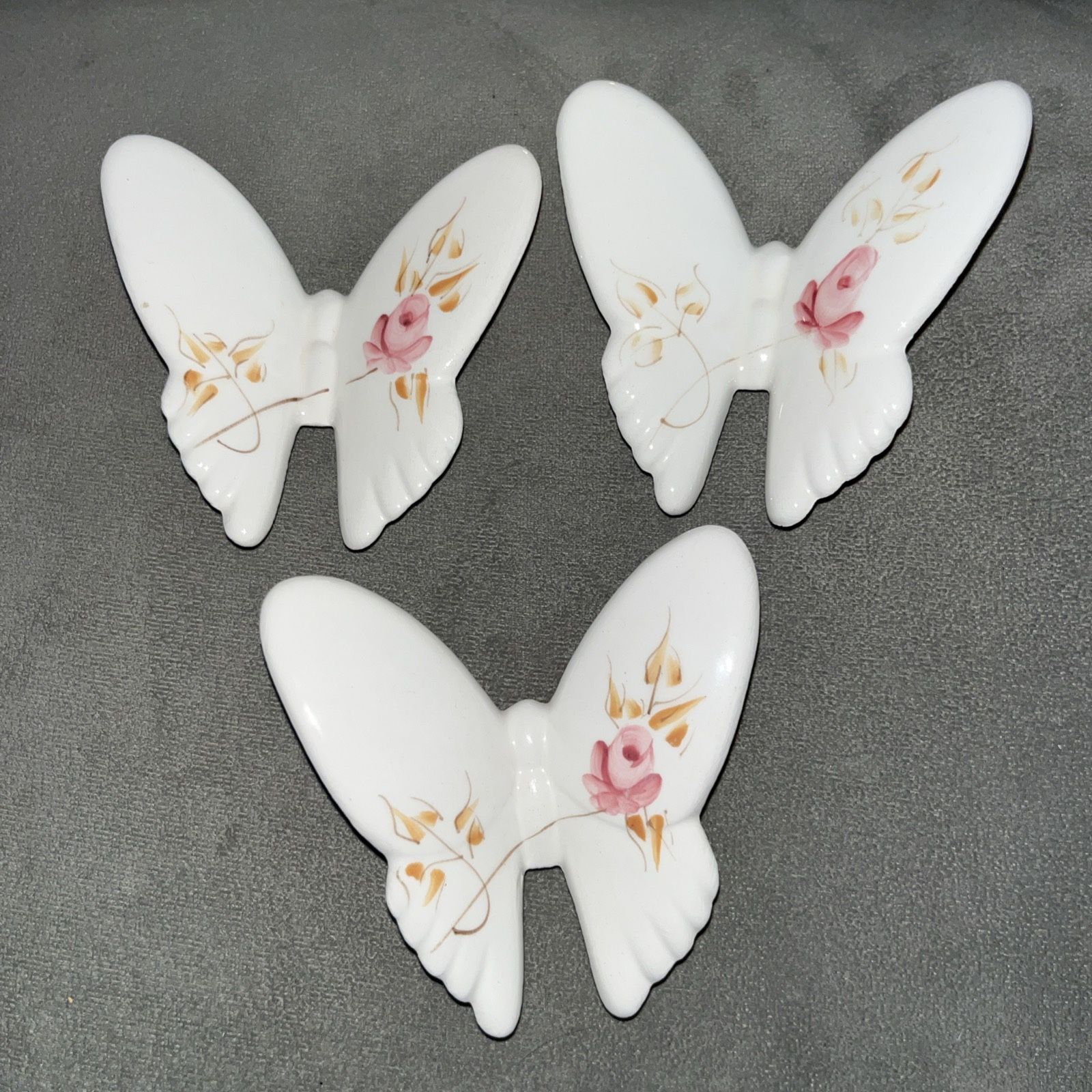 3 Pink Rose Porcelain Butterfly wall plaques1398-BL MIB Homco Home Interior