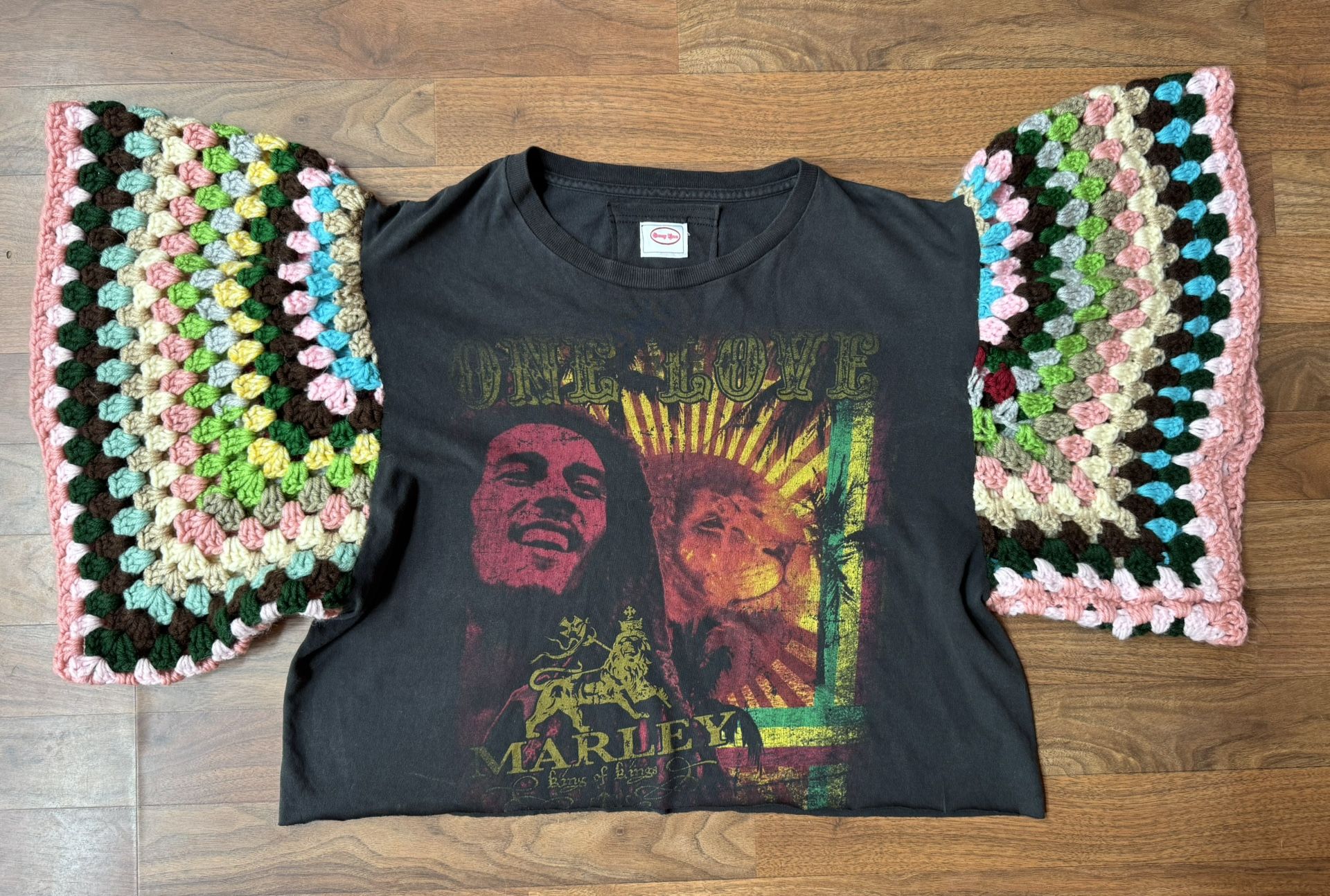 One Love Bob Marley Customized Vintage Tee T Shirt Crochet Sleeves Spenny Lane