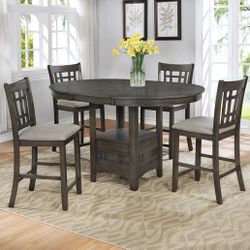 Oval Counter Height Pedestal Table Grey Wood Finish Dining Chair Table Set