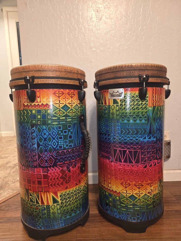 Pair of Remo Tubano Drums – 12” – Nuskyn Heads – Made in USA – One with Bag
