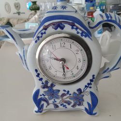 Porcelain Clock Coffee Pot Blue White 9 Inches 