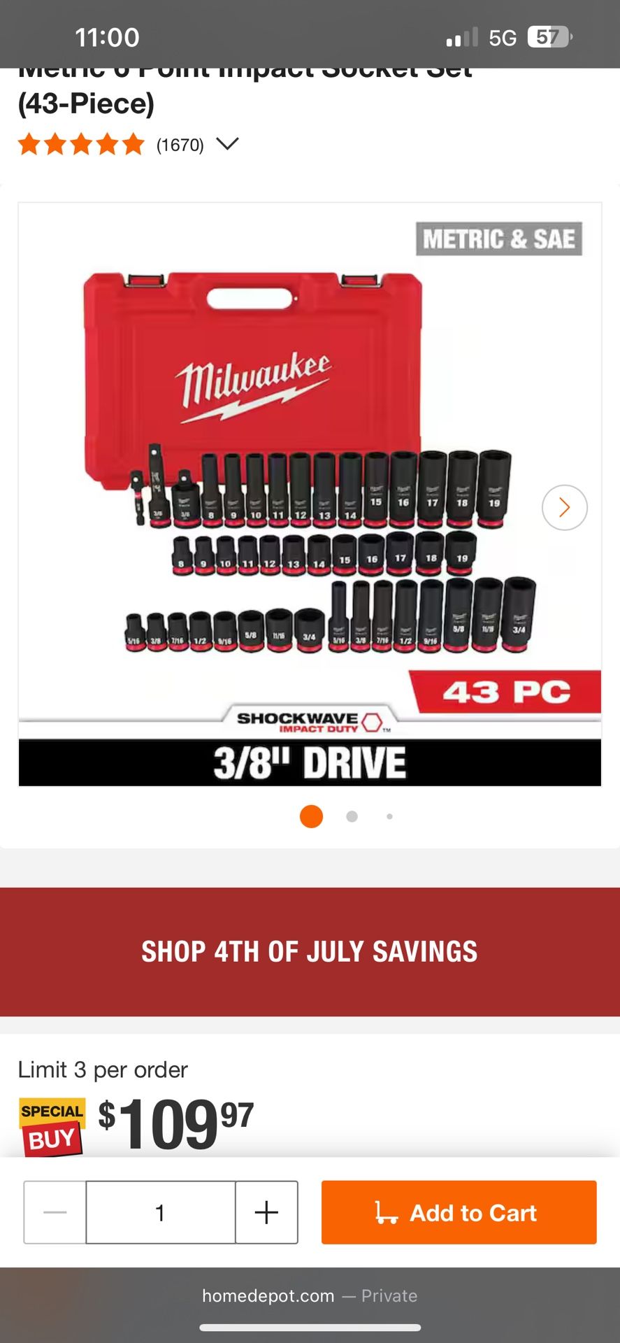 3/8” Drive Milwaukee Impact Set, 43 piece set