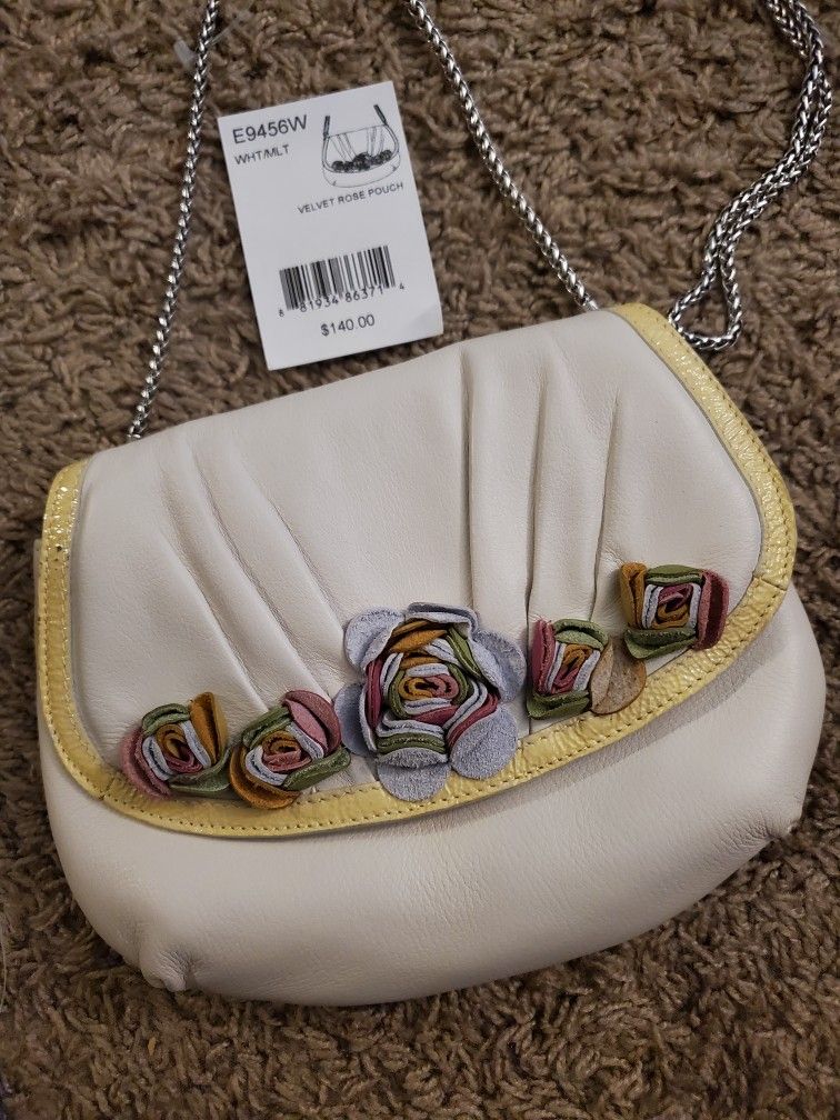 Vintage Brighton Small White Leather Purse With Flower Accents + Silver Chain