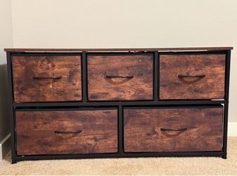 Rustic Brown 5-Drawer Dresser / Storage Organizer – Fabric Drawers & Metal Frame