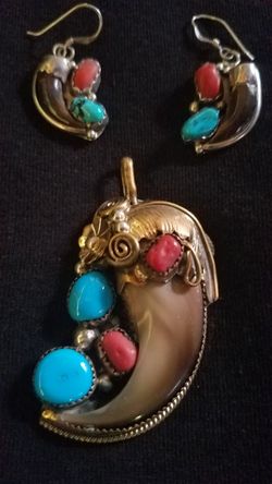 Native American bear claw turquoise and coral silver pendant & earring set!!!