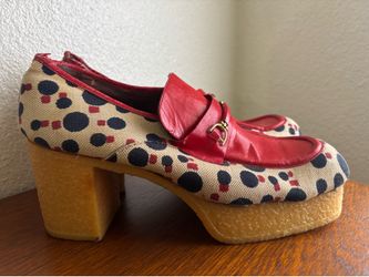 Vintage Men’s Platform Shoes Red Polka Dot Leather Fabric Size 11
