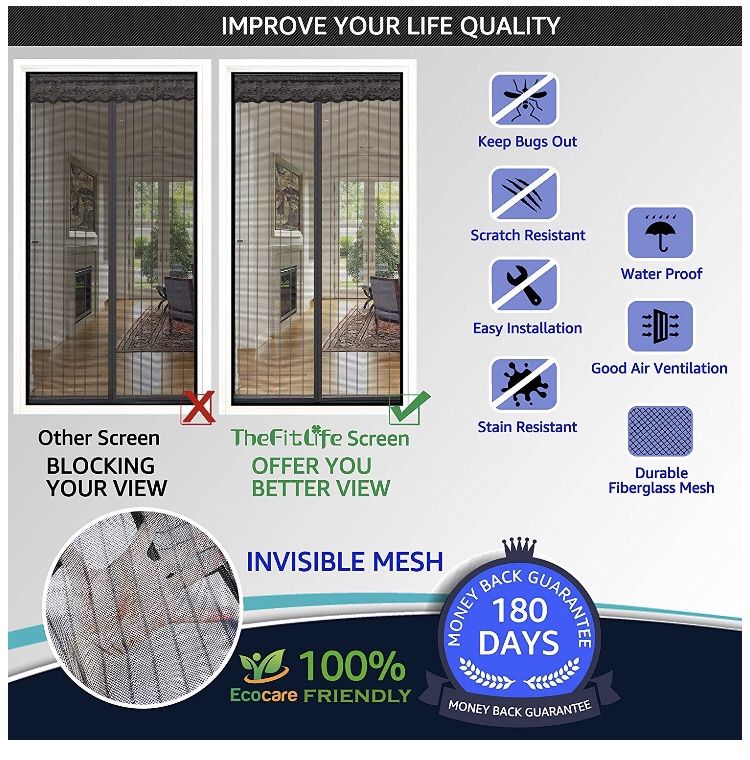 Magnetic Screen Door - Heavy Duty Mesh Curtain with Full Frame Hook and Loop Powerful Magnets That Snap Shut Automatically - Black 38"x83" Fits Door
